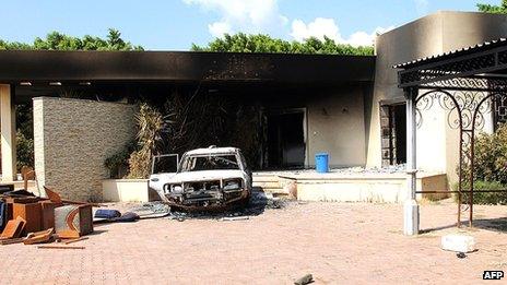 A burnt house and a car are seen inside the US embassy compound on 12 September 2012 in Benghazi, Libya following an overnight attack on the building