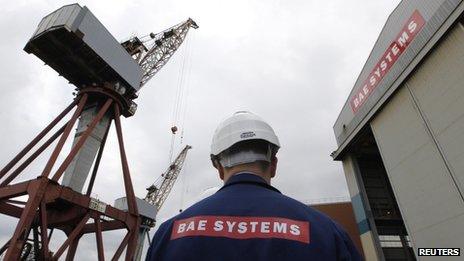 Workman standing in the Govan shipyard in Glasgow, owned by BAE Systems