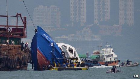 The Lamma IV pleasure boat, which partially sank off Hong Kong's Lamma island on Monday night, is recovered on Tuesday