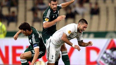 Clint Dempsey tangles with the Panathinaikos defence