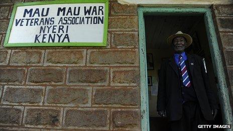 Daniel Mathenge Ndeguda, 79, stands on November 4, 2011 at the entrance of the offices of the Mau Mau War Veterans Association in the central town of Nyeri, Kenya