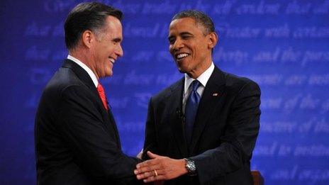 President Barack Obama with Gov Mitt Romney after their first debate (4 Oct 2012)