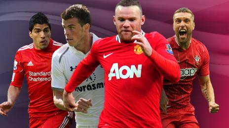 Left to right: Luis Suarez, Gareth Bale, Wayne Rooney. Rickie Lambert