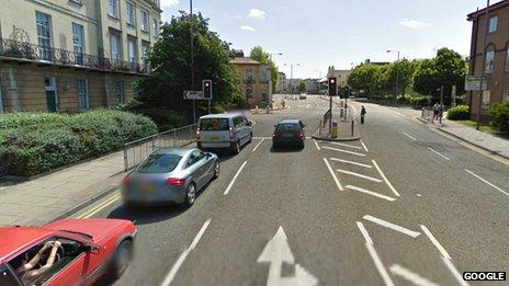 One set of traffic lights on St Margaret’s Road, Cheltenham