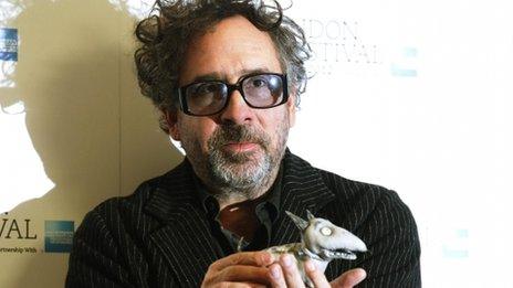 Tim Burton with a puppet of Frankenweenie