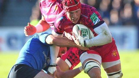 Exeter's Tom Johnson is halted by Leinster's Fergus McFadden