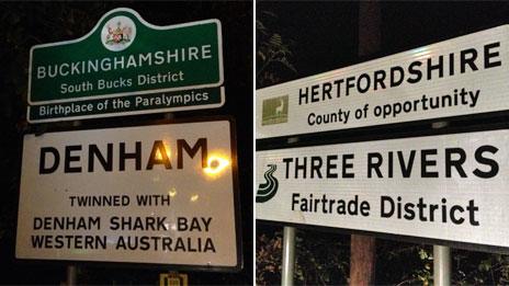 Buckinghamshire sign, and Hertfordshire sign - County of opportunity