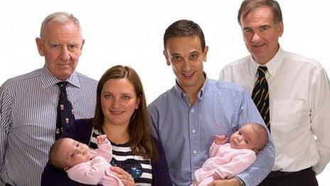 Angela and Daniel Formosa with surgeon Edward Kiely and Prof Agostino Pierro holding their twins Rosie (left) and Ruby (right) Formosa