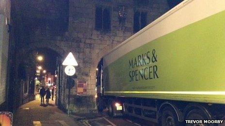 Lorry stuck under Micklegate Bar, York. Picture: Trevor Moorby