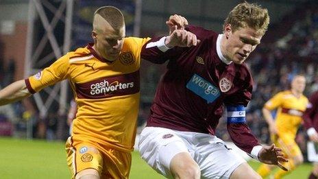 Motherwell's Henrik Ojamaa and Hearts' Marius Zaliukas