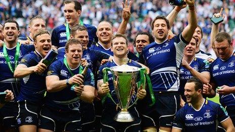 Leinster celebrating their Heineken Cup final win against Ulster in 2012