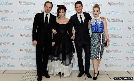 Ralph Fiennes, Helena Bonham Carter, Jeremy Irvine and Holliday Grainger pose at the Closing Night Gala of "Great Expectations" during the 56th BFI London Film Festival