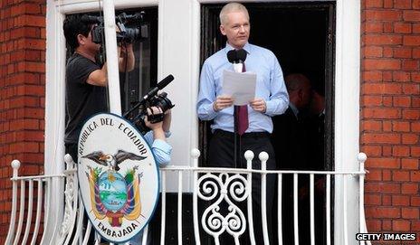 Julian Assange makes a statement from the Ecuadorian embassy, August 2012