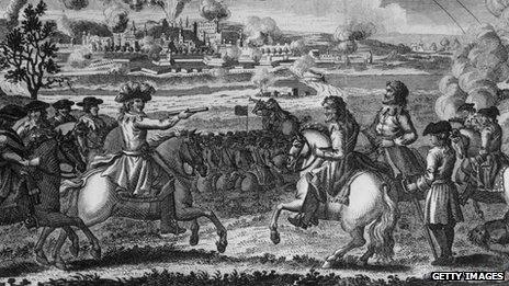 An engraving depicts Cromwell storming Drogheda in Ireland, 1649