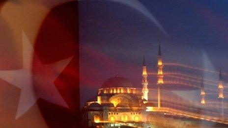 Istanbul mosque behind Turkish flag