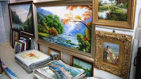 Paintings in the gallery belonging to Ye Jianghong in Dafen Art village, Shenzhen