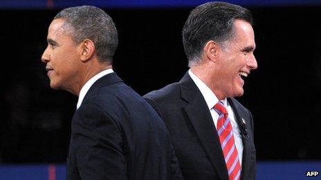 Barack Obama (left) and Mitt Romney in Boca Raton, Florida 22 October 2012