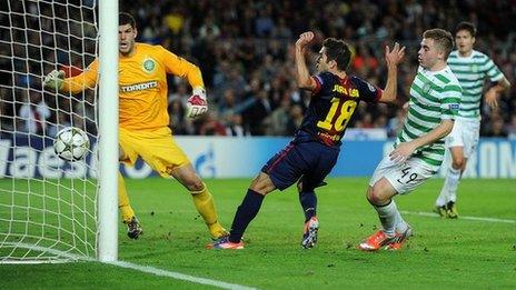 Jordi Alba scores for Barcelona against Celtic