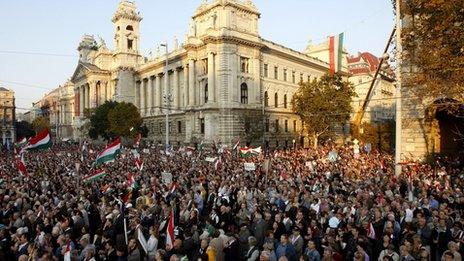 Government supporters outside parliament in Budapest