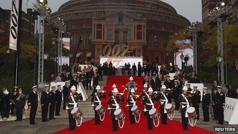 A British military band performs as guests arrive for the royal world premiere of Skyfall at the Royal Albert Hall in London