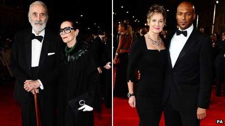 Sir Christopher Lee and Colin Salmon with their respective partners at the royal world premiere of Skyfall at the Royal Albert Hall in London