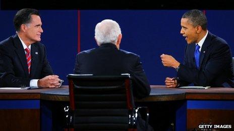 Mitt Romney and Barack Obama at the Lynn University debate