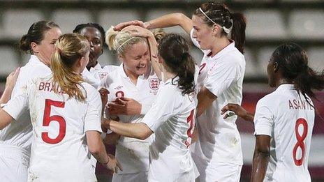 England women's players celebrate a goal