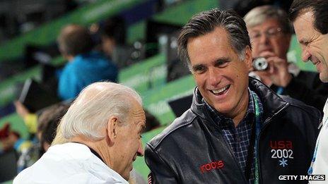 Joe Biden and Mitt Romney at an Olympic hockey game in 2010