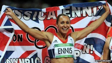 Jessica Ennis celebrates after winning gold in the heptathlon