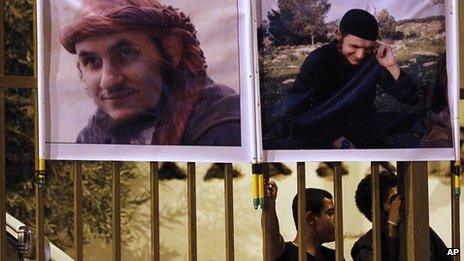 Posters of Montaser Bayrouti during memorial service for him in Baqaa