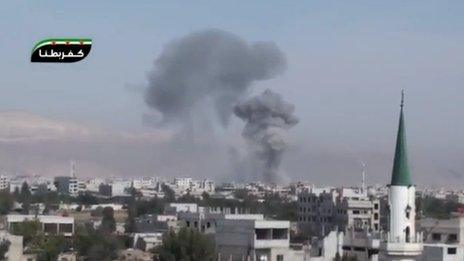 Screengrab of online video purportedly showing smoke rising from eastern Ghouta after air strike (31 October 2012)