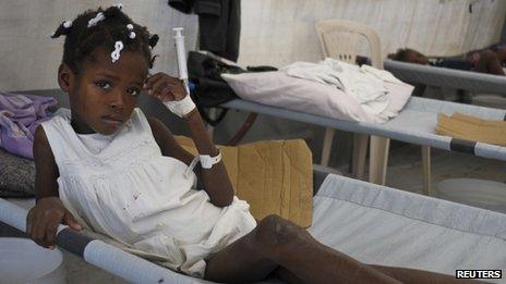 Young girl diagnosed with cholera being treated at a medical centre run by Medecins Sans Frontieres (Doctors Without Borders) near Port-au-Prince, 1 November 2012.