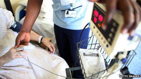 A nurse takes a patients temperature