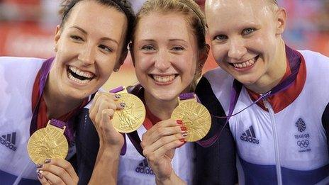 (l-r) Dani King, Laura Trott and Jo Rowsell with their Olympic team pursuit gold medals