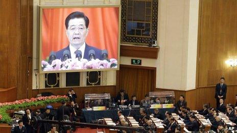 Hu Jintao is displayed on a screen during the opening session of the 18th Communist Party Congress held at the Great Hall of the People in Beijing, 08 Nov 2012