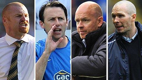 (l to r) Burnley manager Sean Dyche, Bolton Wanderers manager Dougie Freedman, Blackburn Rovers manager Henning Berg, Blackpool manager Michael Appleton