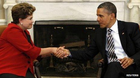 US President Obama and Brazil's Dilma Rousseff meeting at the White House, April 2012