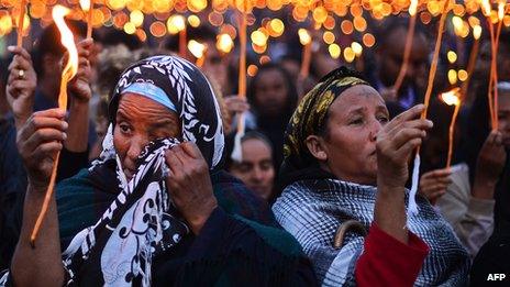 Ethiopians mourning in a candle lit vigil in Addis Ababa