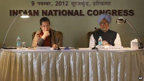 Congress party president Sonia Gandhi, left, with Indian Prime Minister Manmohan Singh at “Samvad Baithak” or Dialogue Meeting with Congress top leaders in Surajkund on the outskirts of New Delhi, India, Friday, Nov. 9, 2012.