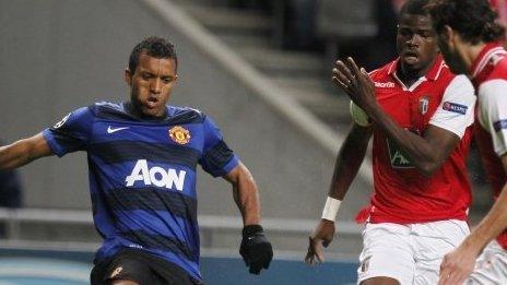 Nani (left) playing for Manchester United against Braga