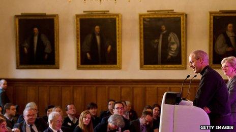 Justin Welby speaking to the press at Lambeth Palace