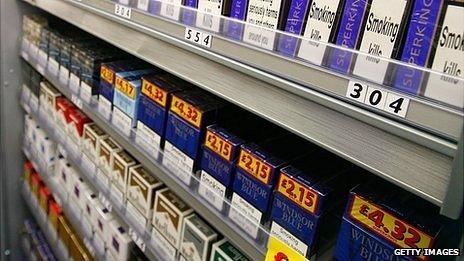 Cigarettes on display in a shop