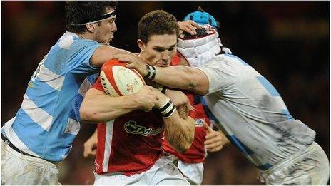 Wales win George North is stopped by the Argentina defence