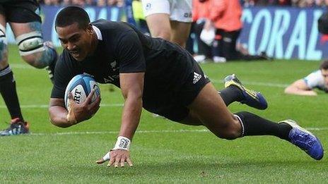 All Blacks wing Julian Savea crosses for the first of his two tries