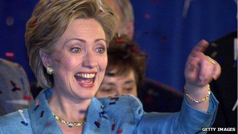 Clinton waves to supporters as she celebrates her election as New York Senator in November 2000