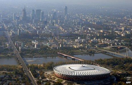 A view of Warsaw shows the national stadium built for Euro 2012 (file photo)