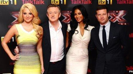 X Factor judges Tulisa, Louis and Nicole with presenter Dermot O'Leary