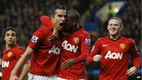 Man Utd's Robin van Persie, Ashley Young and Wayne Rooney