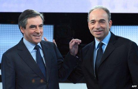 Francois Fillon (left) and Jean-Francois Cope at a televised debate in Paris, 25 October