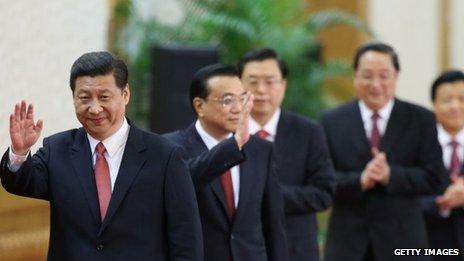 Xi Jinping led the new members of the Communist Party's new Politburo Standing Committee at the Great Hall of the People in Beijing, 15 November 2012